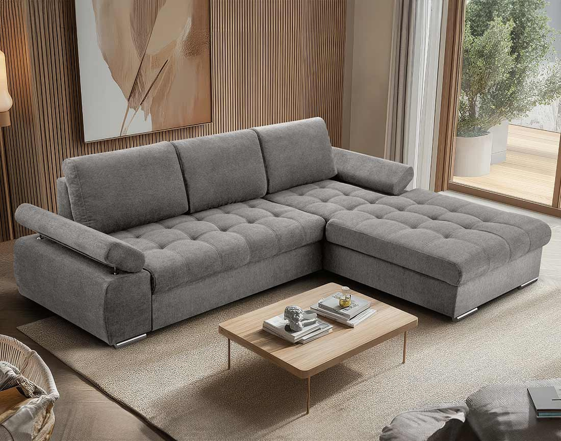 Canapé d'angle droit 4 places convertible avec coffre en tissu texturé Bianca