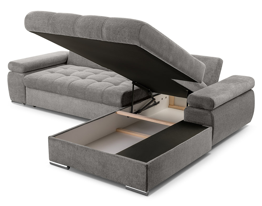 Canapé d'angle droit 4 places convertible avec coffre en tissu texturé Bianca