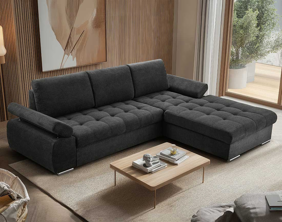 Canapé d'angle droit 4 places convertible avec coffre en tissu texturé Bianca Canapé d'angle droit 4 places convertible avec coffre en tissu texturé Bianca