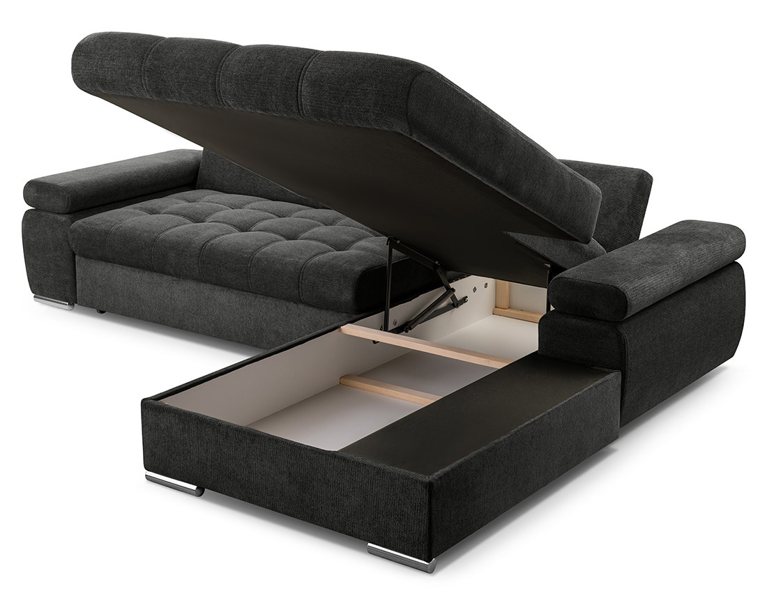 Canapé d'angle droit 4 places convertible avec coffre en tissu texturé Bianca Canapé d'angle droit 4 places convertible avec coffre en tissu texturé Bianca