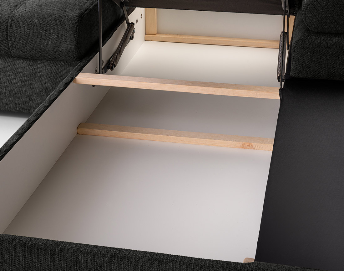 Canapé d'angle droit 4 places convertible avec coffre en tissu texturé Bianca Canapé d'angle droit 4 places convertible avec coffre en tissu texturé Bianca