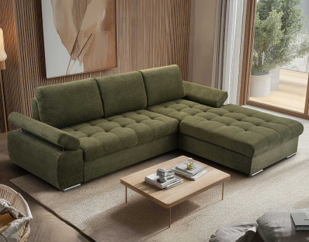 Canapé d'angle droit 4 places convertible avec coffre en tissu texturé Bianca