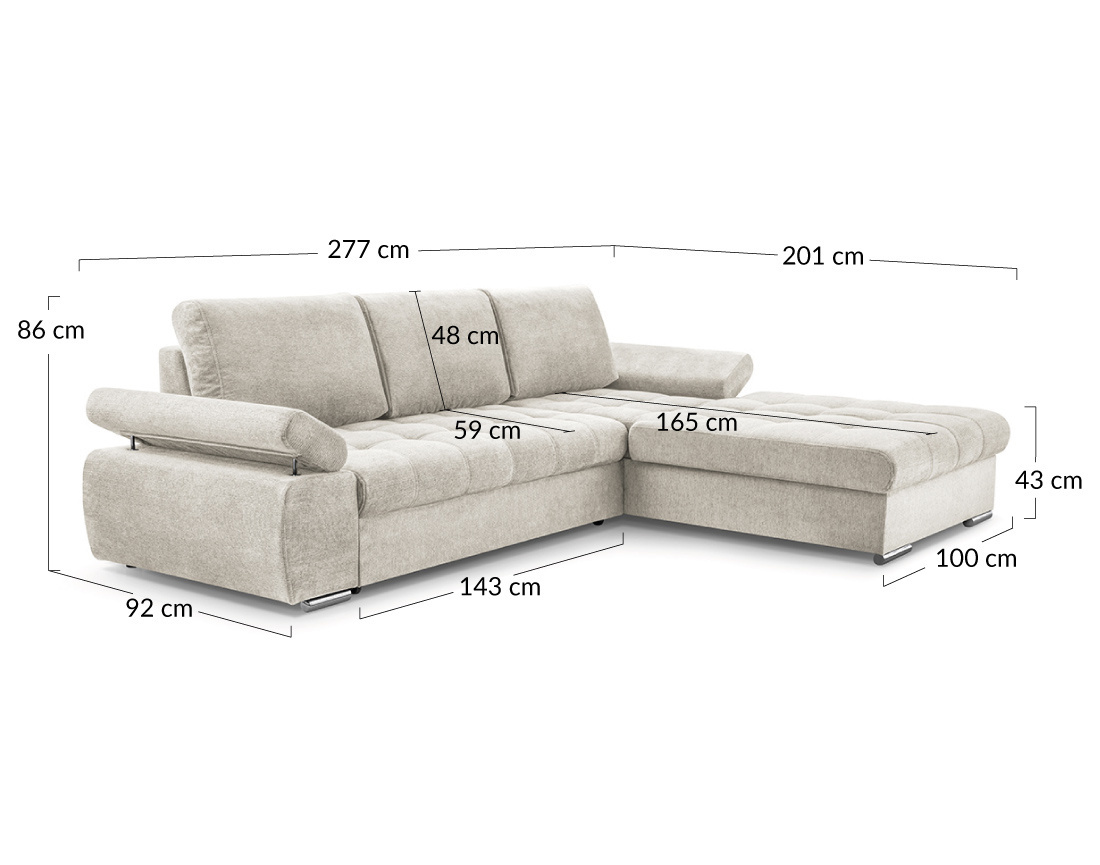 Canapé d'angle droit 4 places convertible avec coffre en tissu texturé Bianca