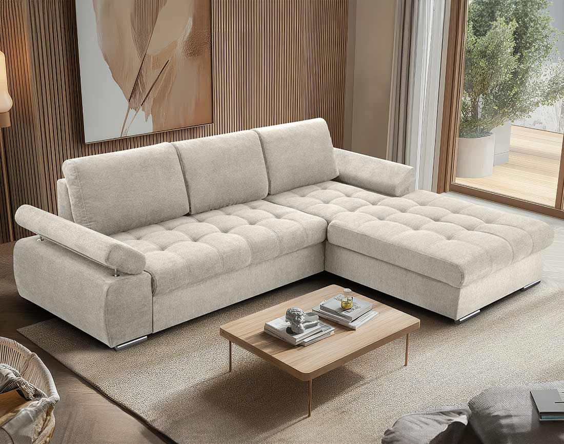 Canapé d'angle droit 4 places convertible avec coffre en tissu texturé Bianca