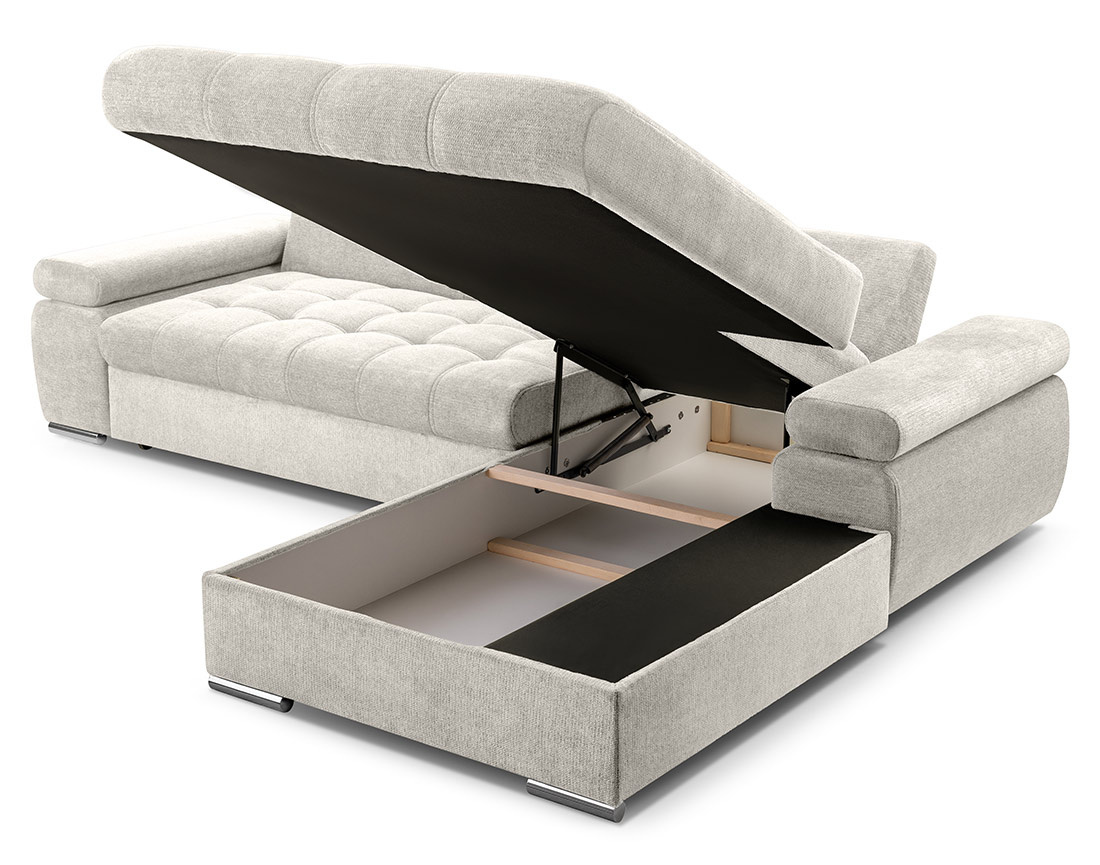 Canapé d'angle droit 4 places convertible avec coffre en tissu texturé Bianca