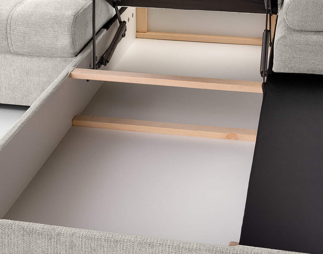 Canapé d'angle droit 4 places convertible avec coffre en tissu texturé Bianca