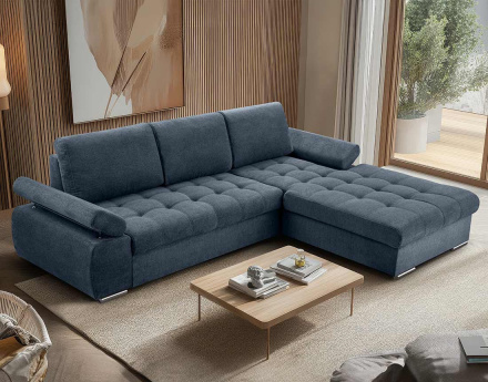 Canapé d'angle droit 4 places convertible avec coffre en tissu texturé Bianca