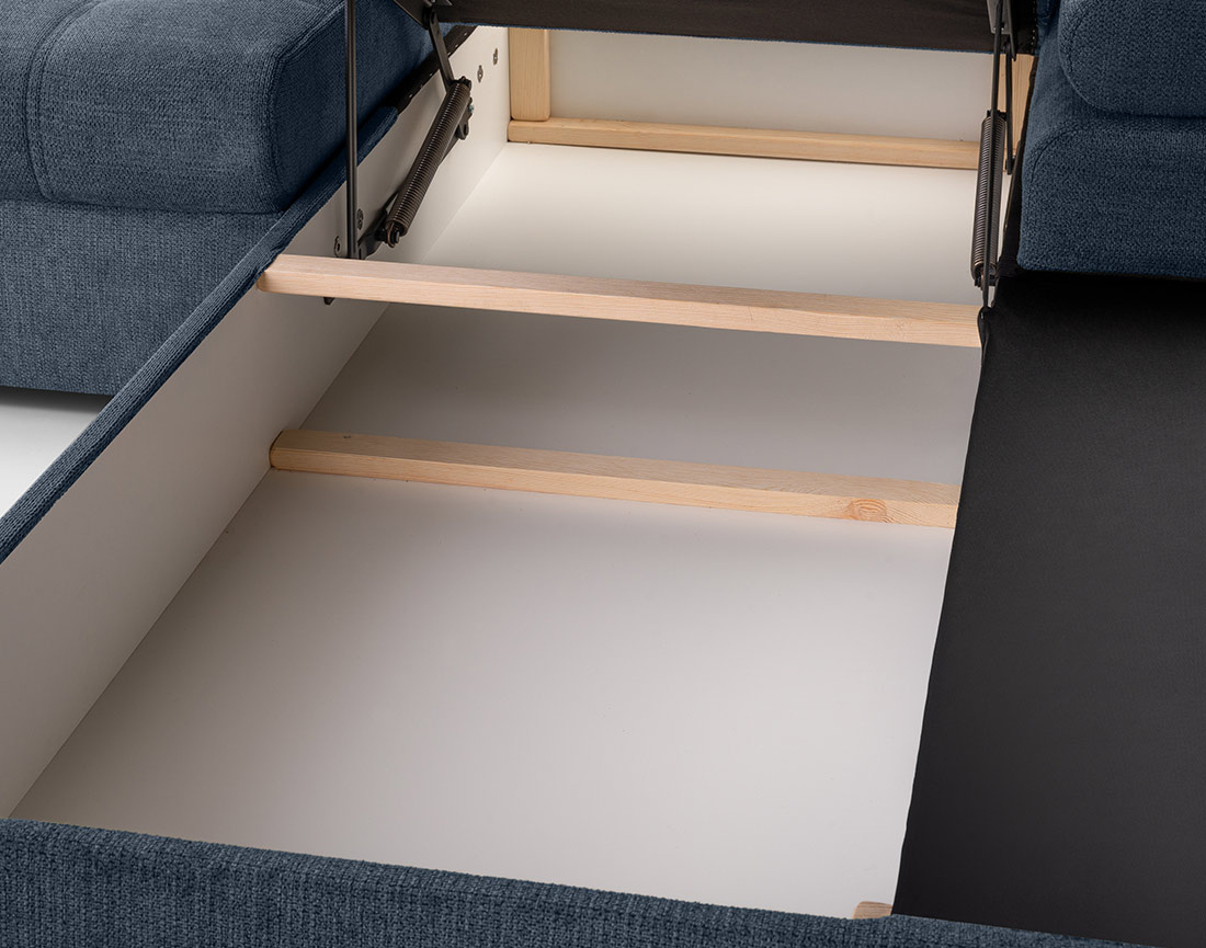 Canapé d'angle droit 4 places convertible avec coffre en tissu texturé Bianca Canapé d'angle droit 4 places convertible avec coffre en tissu texturé Bianca