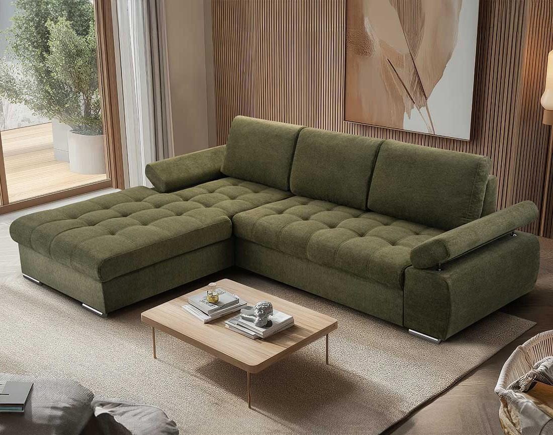 Canapé d'angle gauche 4 places convertible avec coffre en tissu texturé Bianca