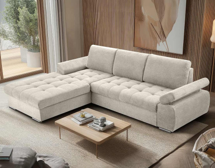 Canapé d'angle gauche 4 places convertible avec coffre en tissu texturé Bianca