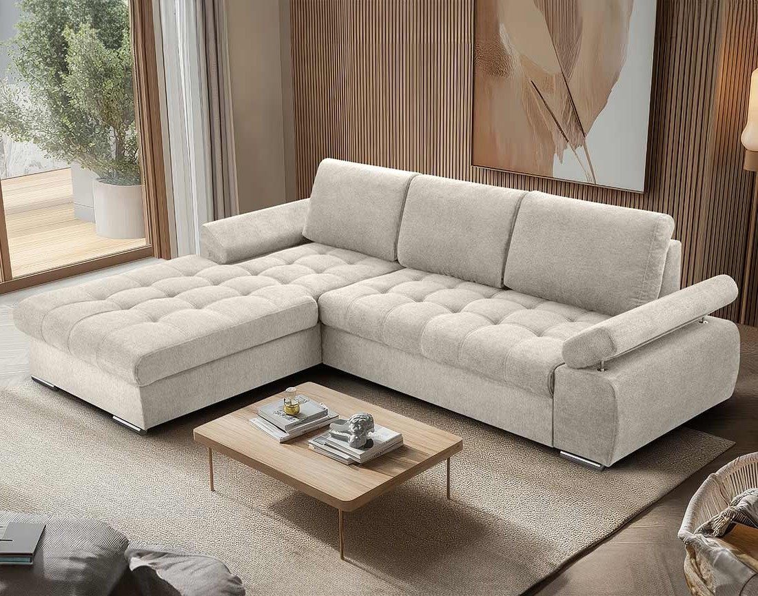 Canapé d'angle gauche 4 places convertible avec coffre en tissu texturé Bianca