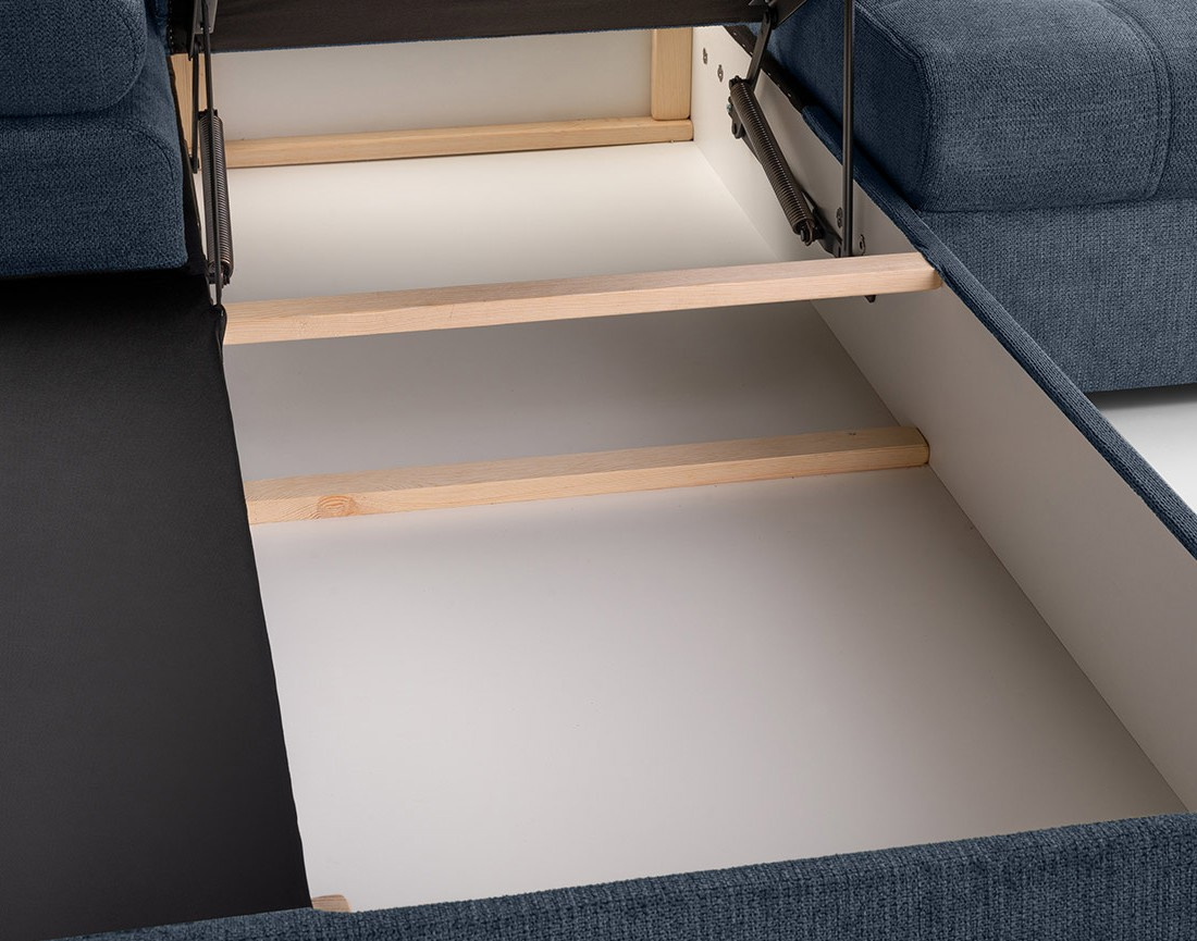 Canapé d'angle gauche 4 places convertible avec coffre en tissu texturé Bianca Canapé d'angle gauche 4 places convertible avec coffre en tissu texturé Bianca