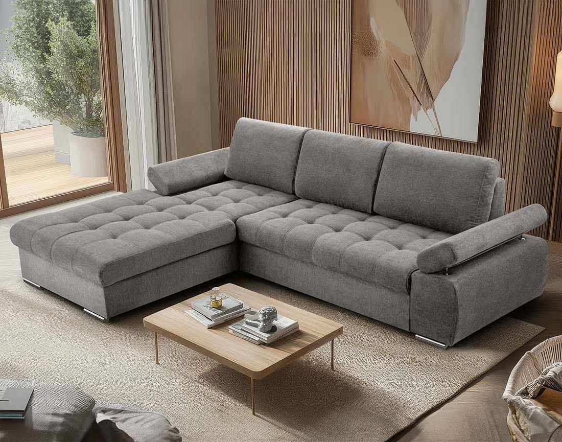 Canapé d'angle gauche 4 places convertible avec coffre en tissu texturé Bianca