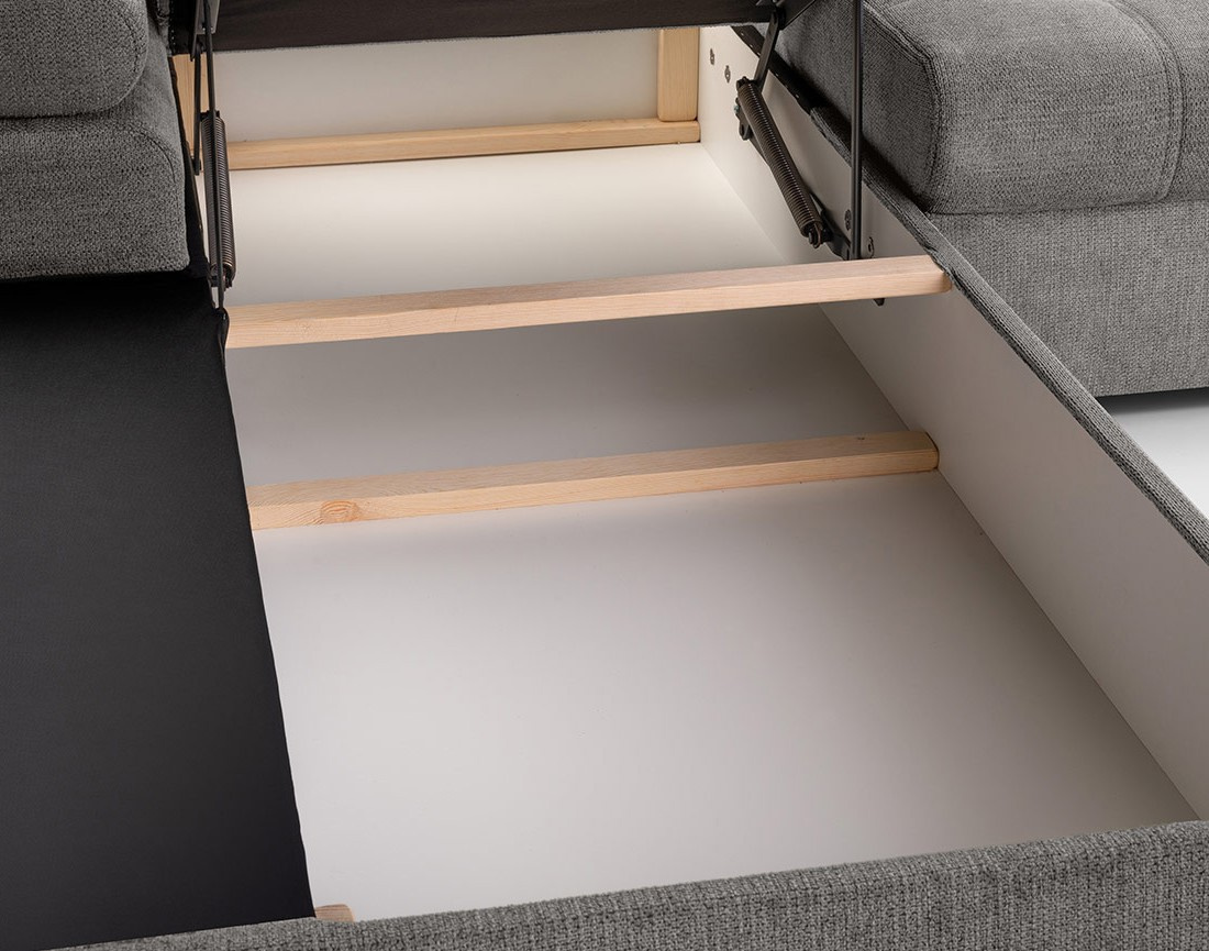 Canapé d'angle gauche 4 places convertible avec coffre en tissu texturé Bianca