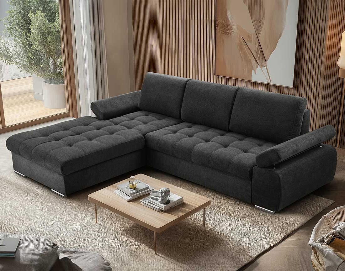 Canapé d'angle gauche 4 places convertible avec coffre en tissu texturé Bianca Canapé d'angle gauche 4 places convertible avec coffre en tissu texturé Bianca