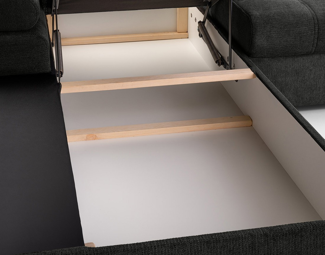 Canapé d'angle gauche 4 places convertible avec coffre en tissu texturé Bianca Canapé d'angle gauche 4 places convertible avec coffre en tissu texturé Bianca