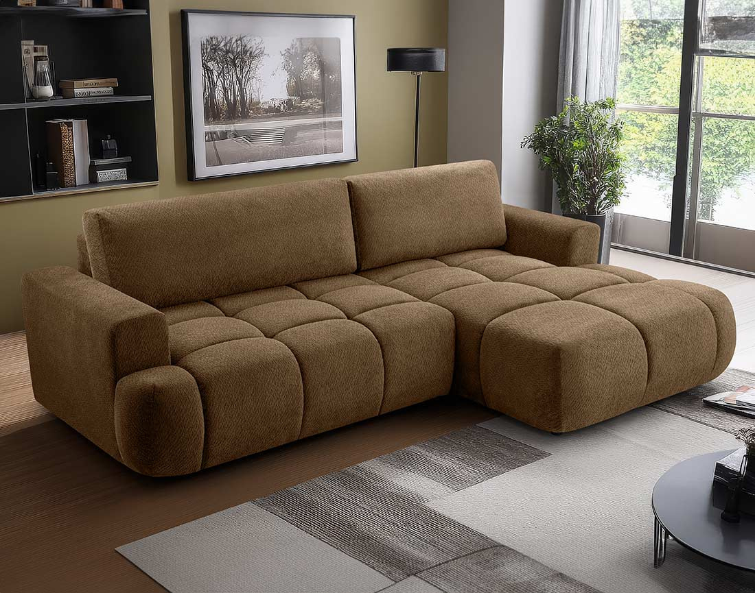 Canapé d'angle droit 4 places convertible avec coffre en velours texturé Leonie