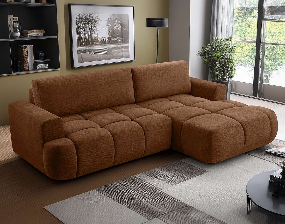 Canapé d'angle droit 4 places convertible avec coffre en velours texturé Leonie