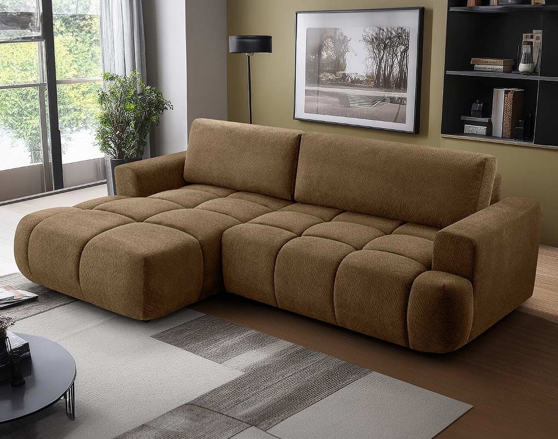 Canapé d'angle gauche 4 places convertible avec coffre en velours texturé Leonie