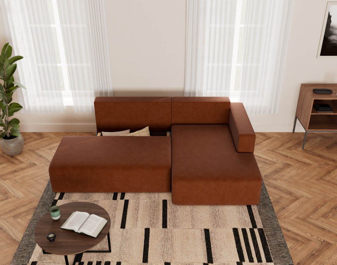 Canapé d'angle droit 4 places convertible avec coffre sans accoudoir en velours côtelé Topaze