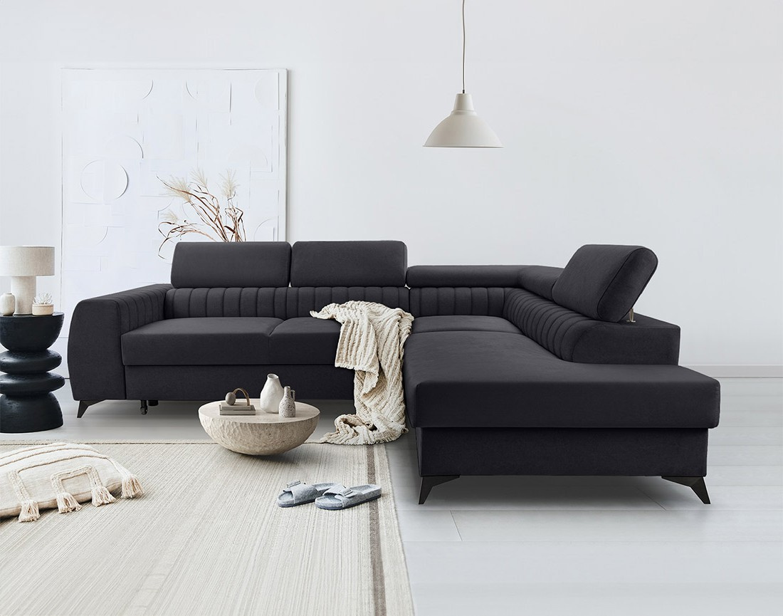 Canapé d'angle droit 5 places convertible, coffre, têtières en velours Aneta Canapé d'angle droit 5 places convertible, coffre, têtières en velours Aneta