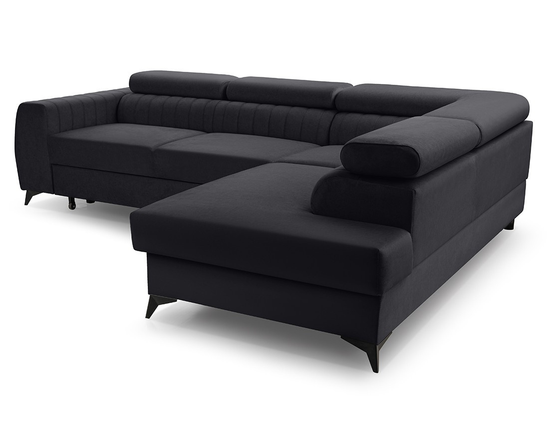 Canapé d'angle droit 5 places convertible, coffre, têtières en velours Aneta Canapé d'angle droit 5 places convertible, coffre, têtières en velours Aneta