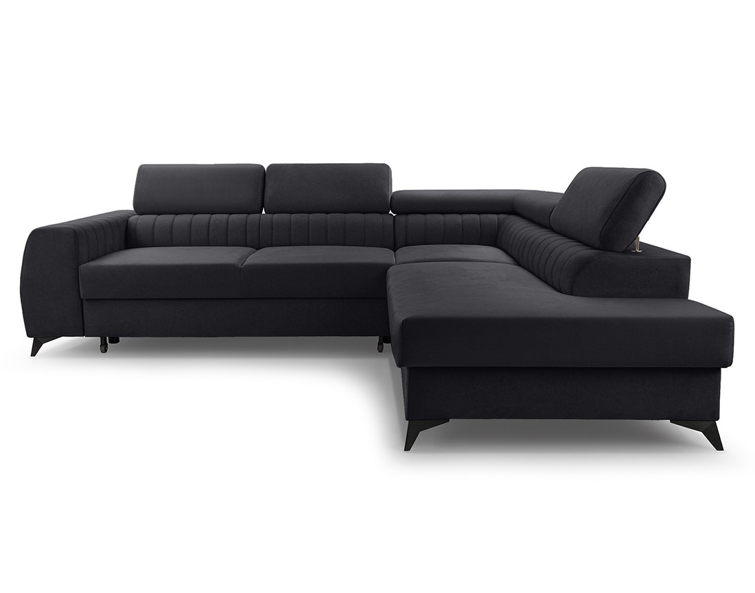 Canapé d'angle droit 5 places convertible, coffre, têtières en velours Aneta Canapé d'angle droit 5 places convertible, coffre, têtières en velours Aneta