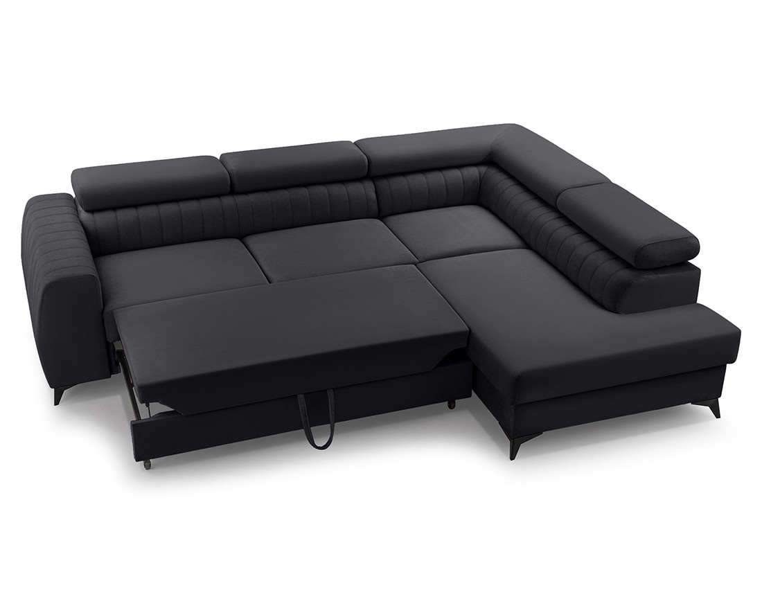 Canapé d'angle droit 5 places convertible, coffre, têtières en velours Aneta Canapé d'angle droit 5 places convertible, coffre, têtières en velours Aneta