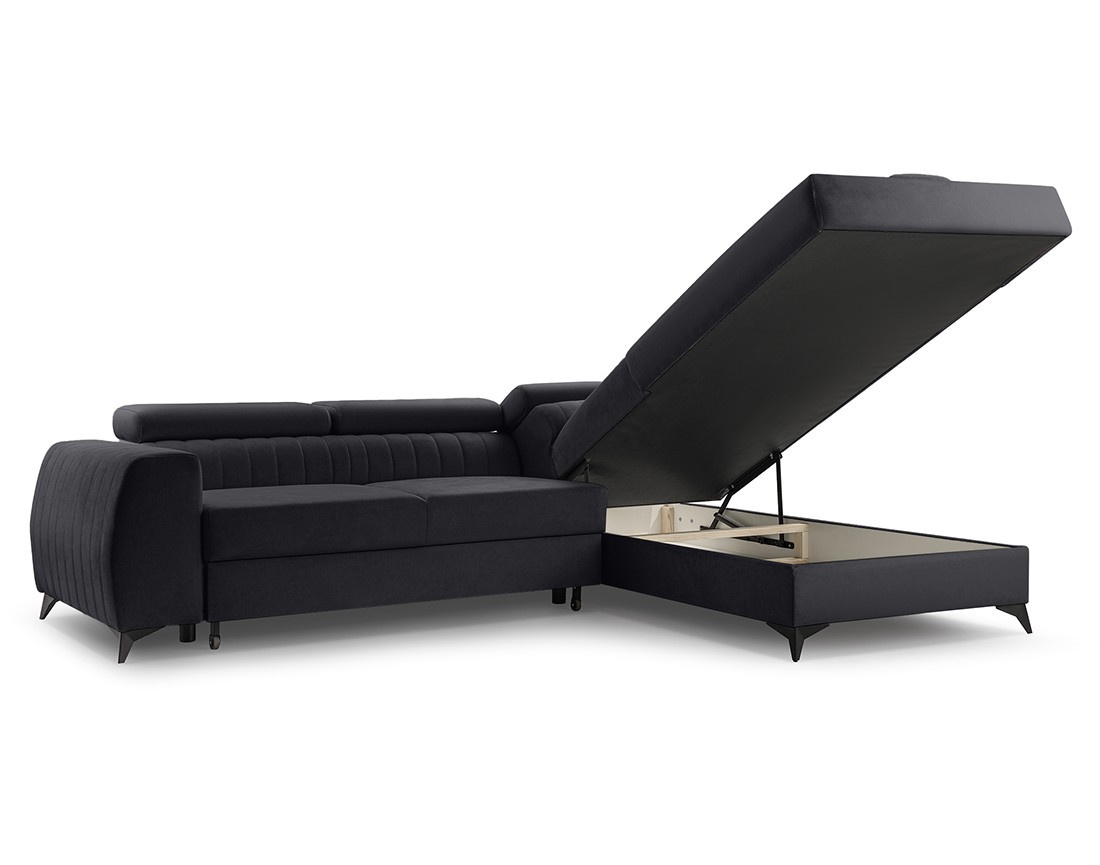 Canapé d'angle droit 5 places convertible, coffre, têtières en velours Aneta Canapé d'angle droit 5 places convertible, coffre, têtières en velours Aneta