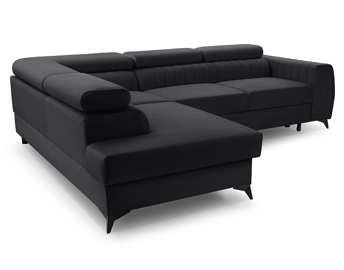 Canapé d'angle gauche 5 places convertible, coffre, têtières en velours Aneta