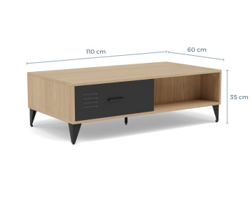 Table basse bois et métal noir 1 tiroir et 1 niche 110 cm Tribeca