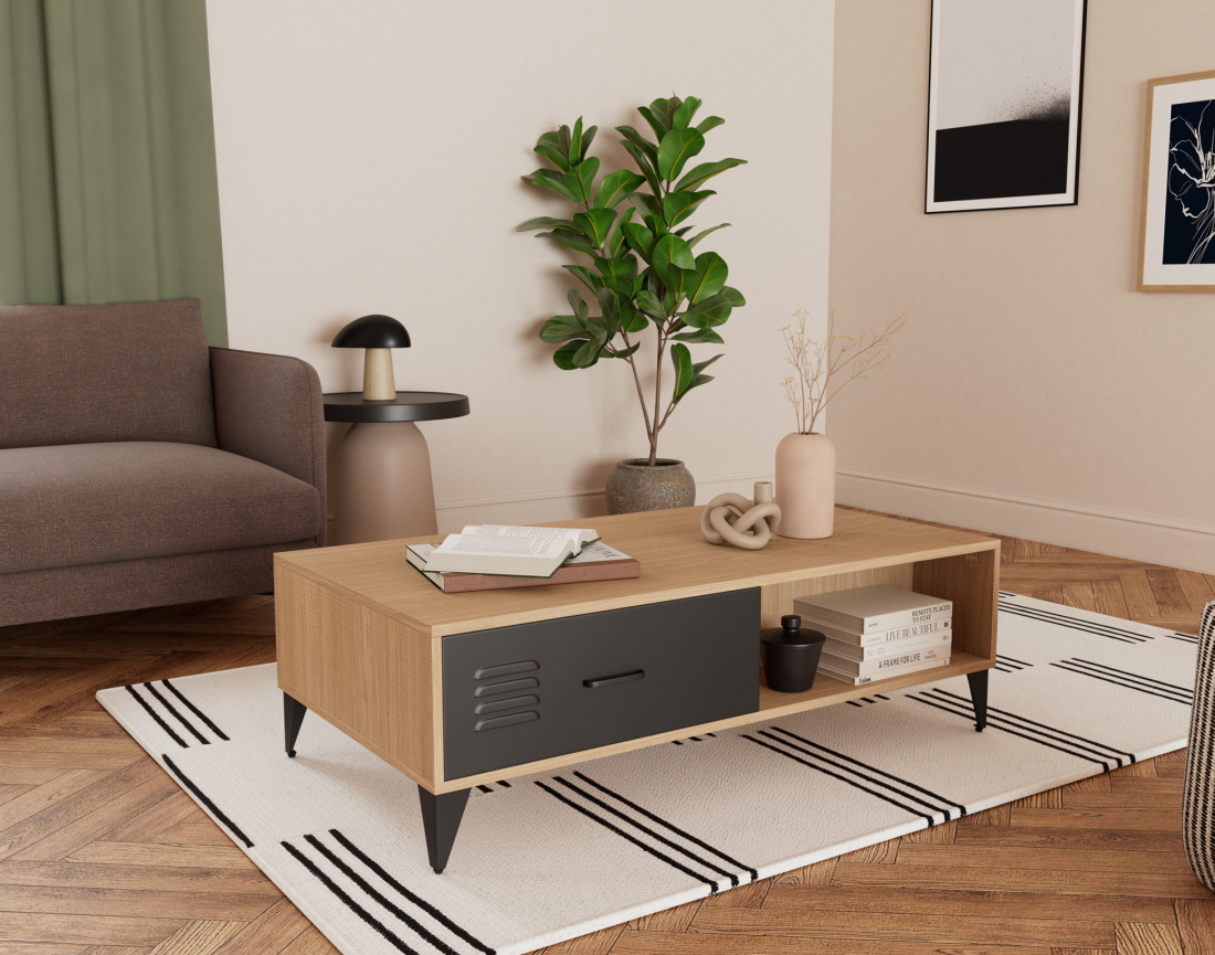 Table basse bois et métal noir 110 cm Tribeca