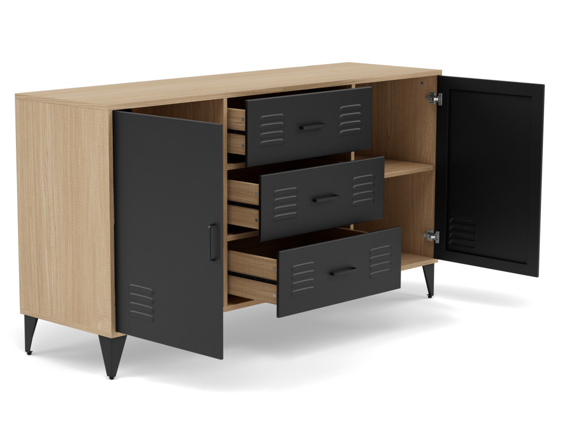 Buffet bas bois et métal noir 3 tiroirs et 2 portes 140 cm Tribeca