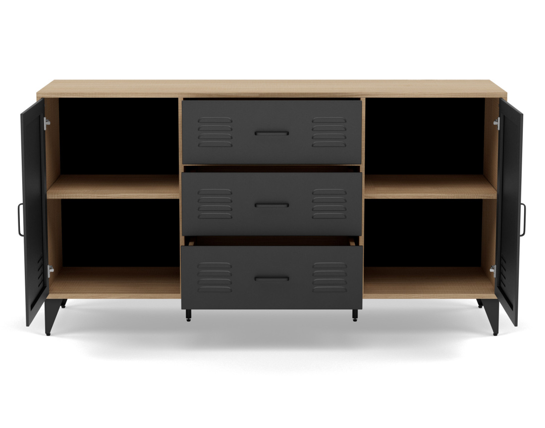 Buffet bas bois et métal noir 3 tiroirs et 2 portes 140 cm Tribeca