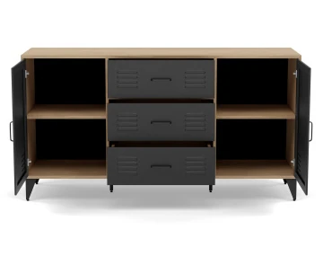 Buffet bas bois et métal noir 3 tiroirs et 2 portes 140 cm Tribeca