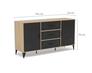 Buffet bas bois et métal noir 3 tiroirs et 2 portes 140 cm Tribeca