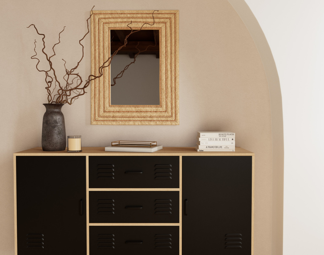 Buffet bas bois et métal noir 3 tiroirs et 2 portes 140 cm Tribeca