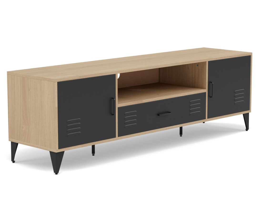 Meuble tv bois et métal noir 2 portes et 1 tiroir 160 cm Tribeca
