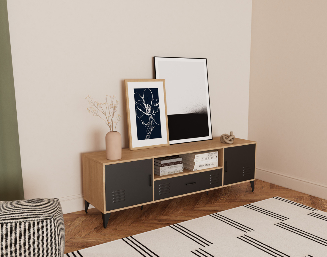 Meuble tv bois et métal noir 2 portes et 1 tiroir 160 cm Tribeca