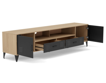 Meuble tv bois et métal noir 2 portes et 2 tiroirs 200 cm Tribeca