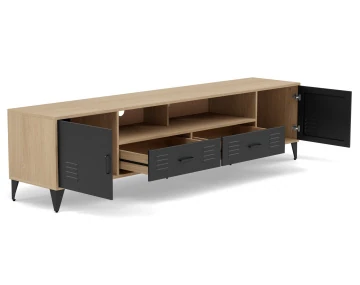 Meuble tv bois et métal noir 2 portes et 2 tiroirs 200 cm Tribeca