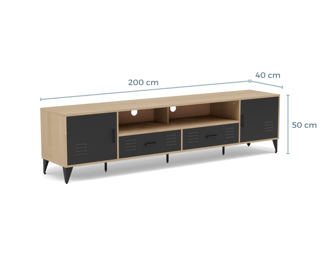Meuble tv bois et métal noir 200 cm Tribeca