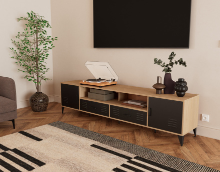 Meuble tv bois et métal noir 2 portes et 2 tiroirs 200 cm Tribeca