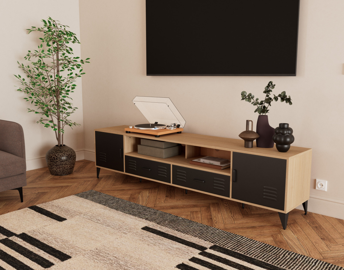 Meuble tv bois et métal noir 2 portes et 2 tiroirs 200 cm Tribeca