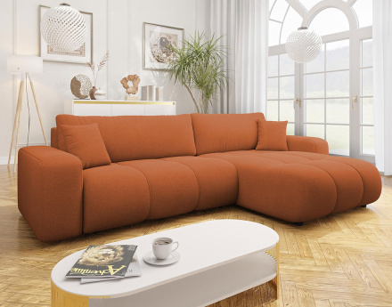 Canapé d'angle réversible 5 places convertible avec coffre en tissu Nicole