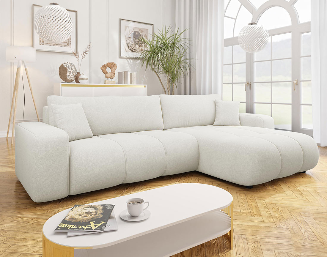 Canapé d'angle réversible 5 places convertible avec coffre en tissu Nicole Canapé d'angle réversible 5 places convertible avec coffre en tissu Nicole