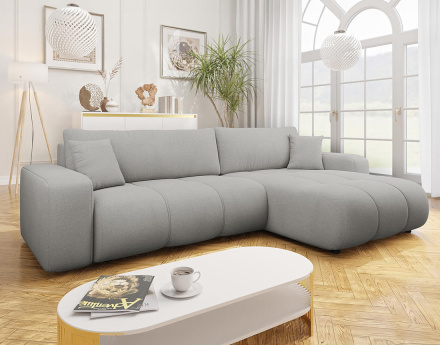 Canapé d'angle réversible 5 places convertible avec coffre en tissu Nicole