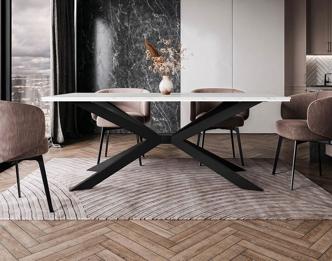 Table à manger plateau effet marbre pieds en métal 4 à 8 personnes Casey