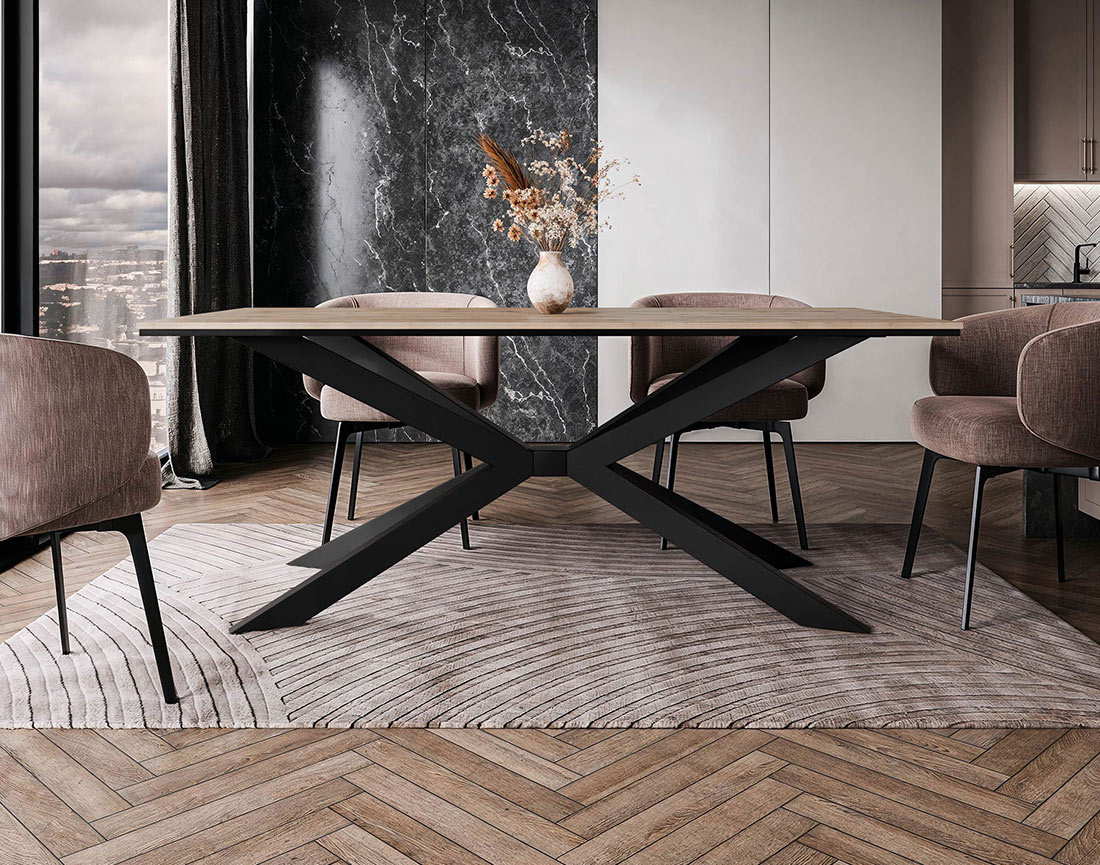 Table à manger plateau effet bois pieds en métal 4 à 8 personnes Casey