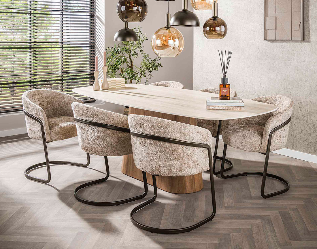 Table à manger plateau effet travertin 4 à 8 personnes Amara